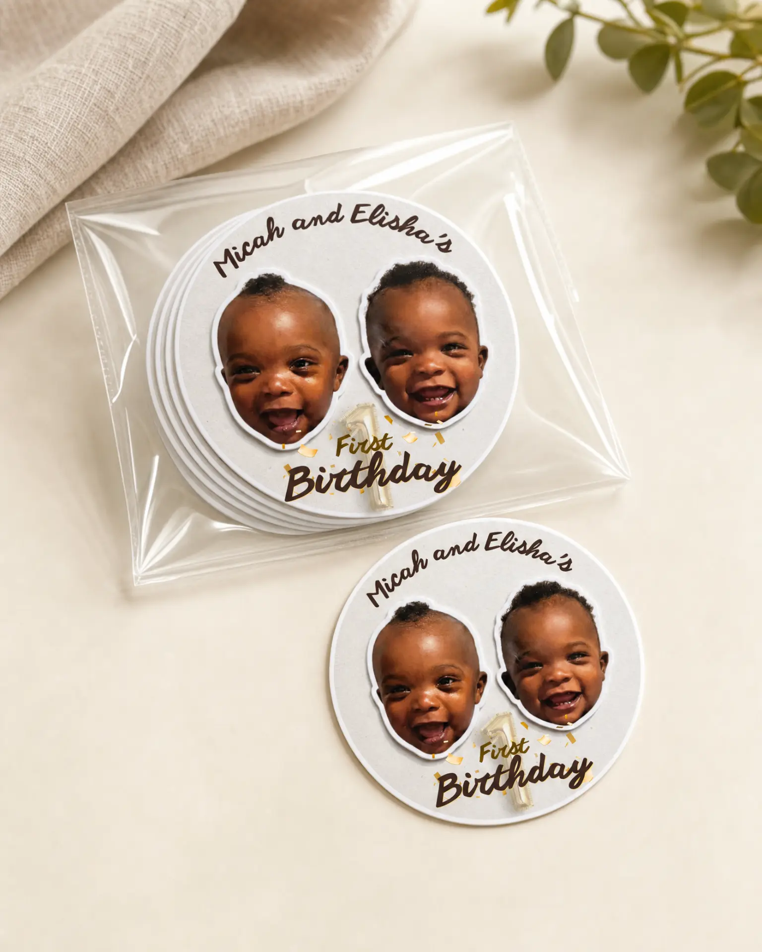First birthday photo stickers in a clear pack