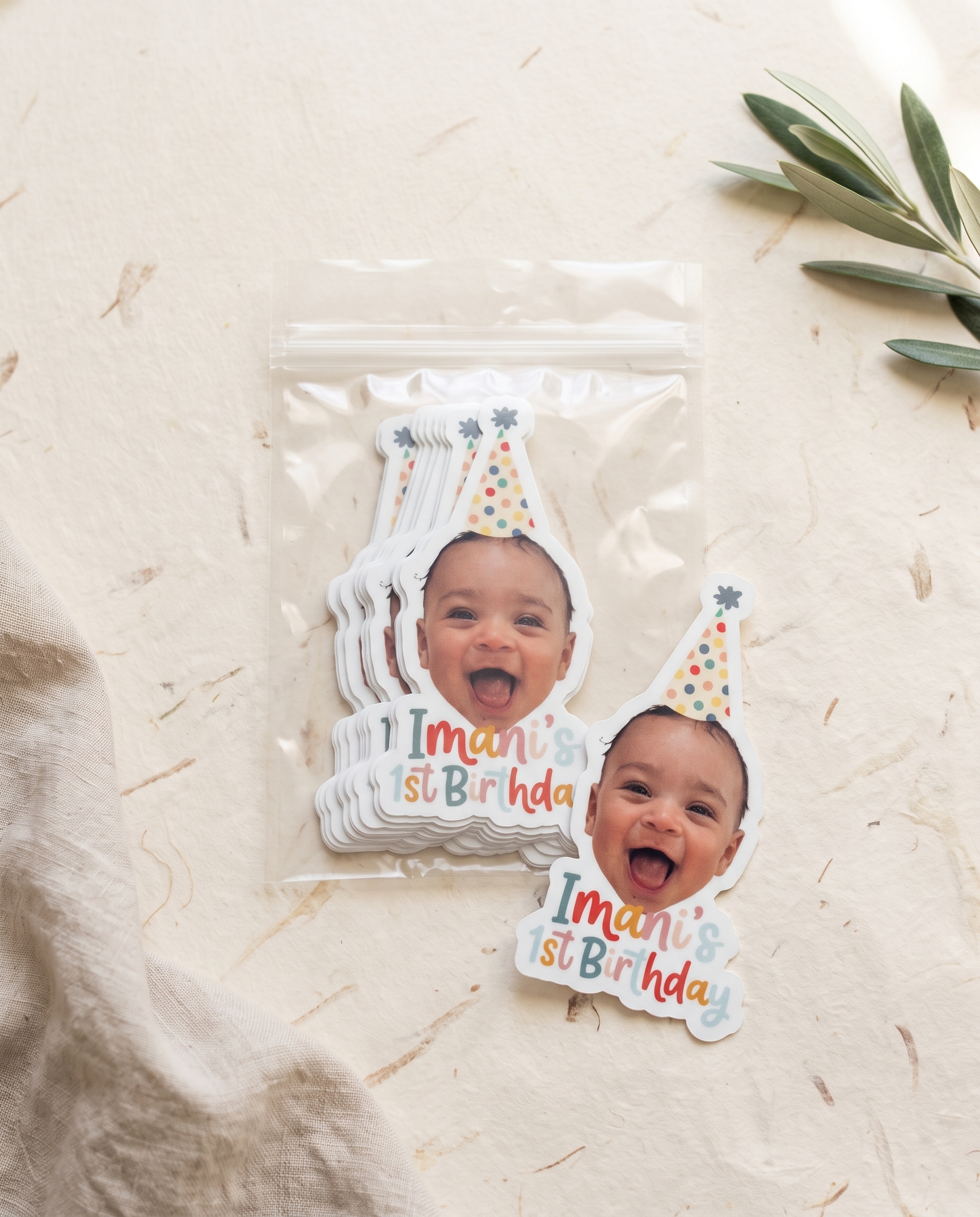 Style 3 — photo sticker of Imani in a party hat