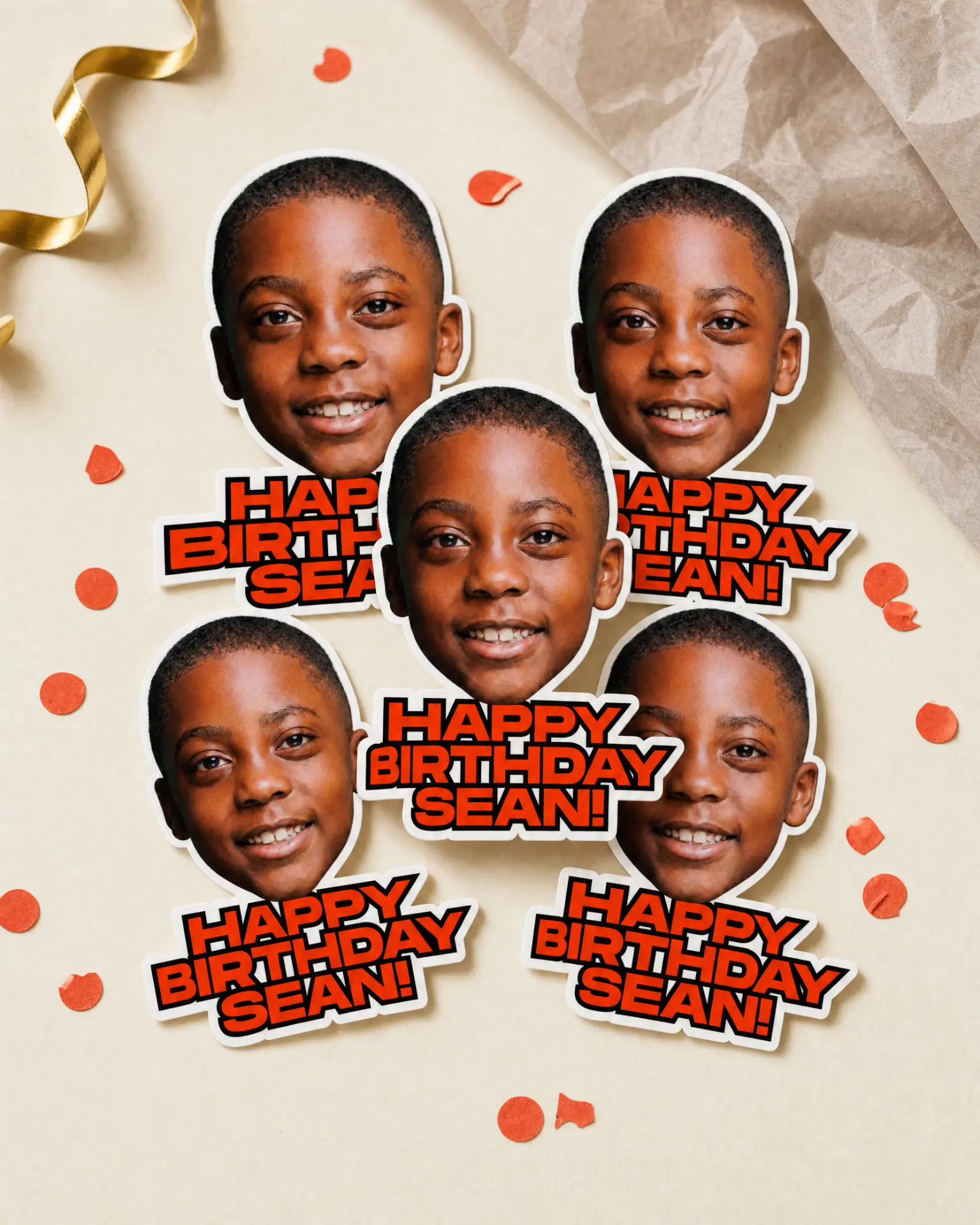 Happy Birthday Sean stickers scattered with confetti on linen