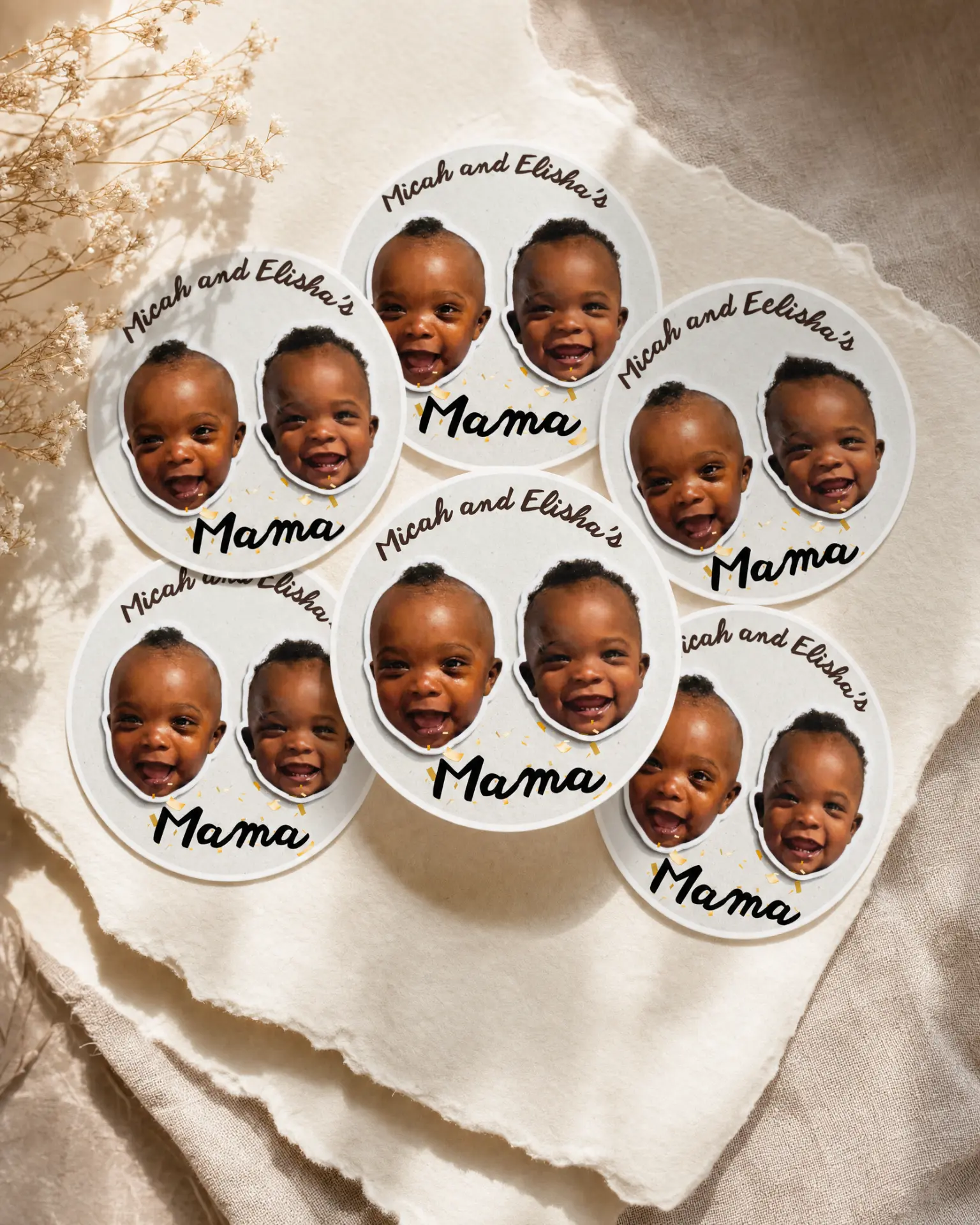 Mama photo stickers scattered on cream paper